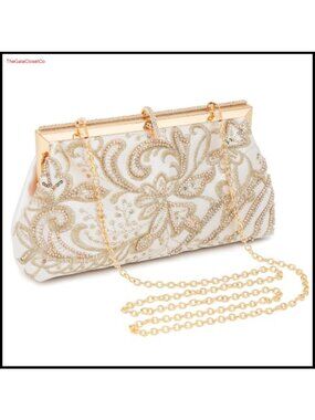 Embroidered Beaded Clutch Evening Bag with Crossbody Chain